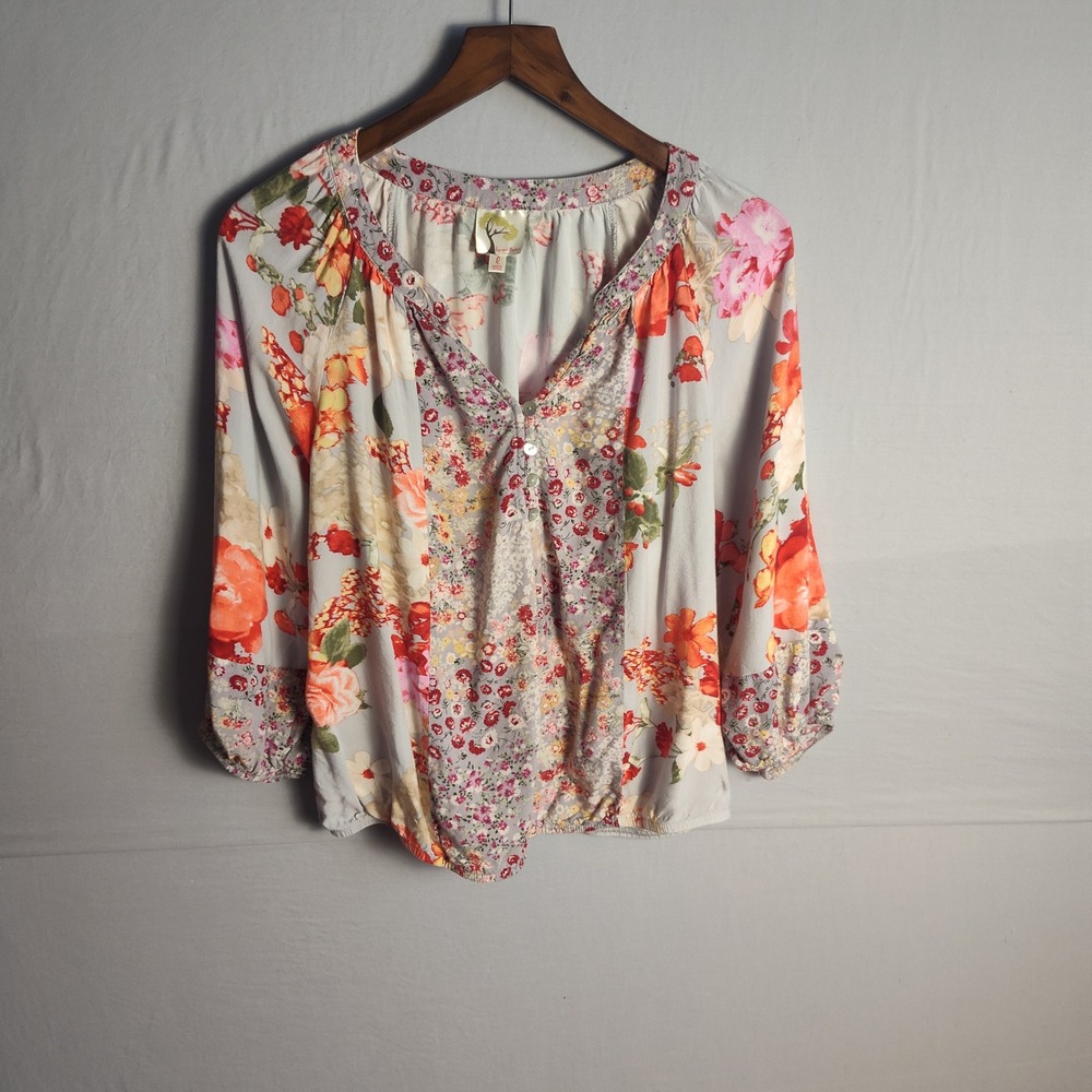 Fig and Flower Floral Patchwork Blouse Grey Orange Pink Elastic Hem Large